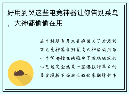 好用到哭这些电竞神器让你告别菜鸟，大神都偷偷在用